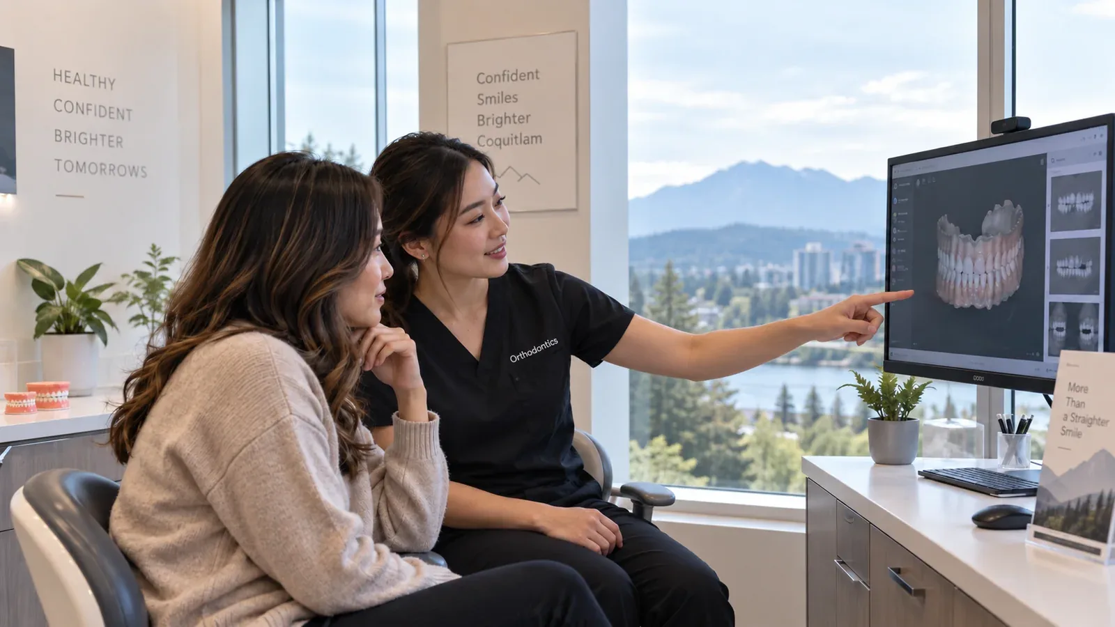 Parent reviewing a digital orthodontic scan with a myORTHODONTIST Coquitlam team member during a consultation