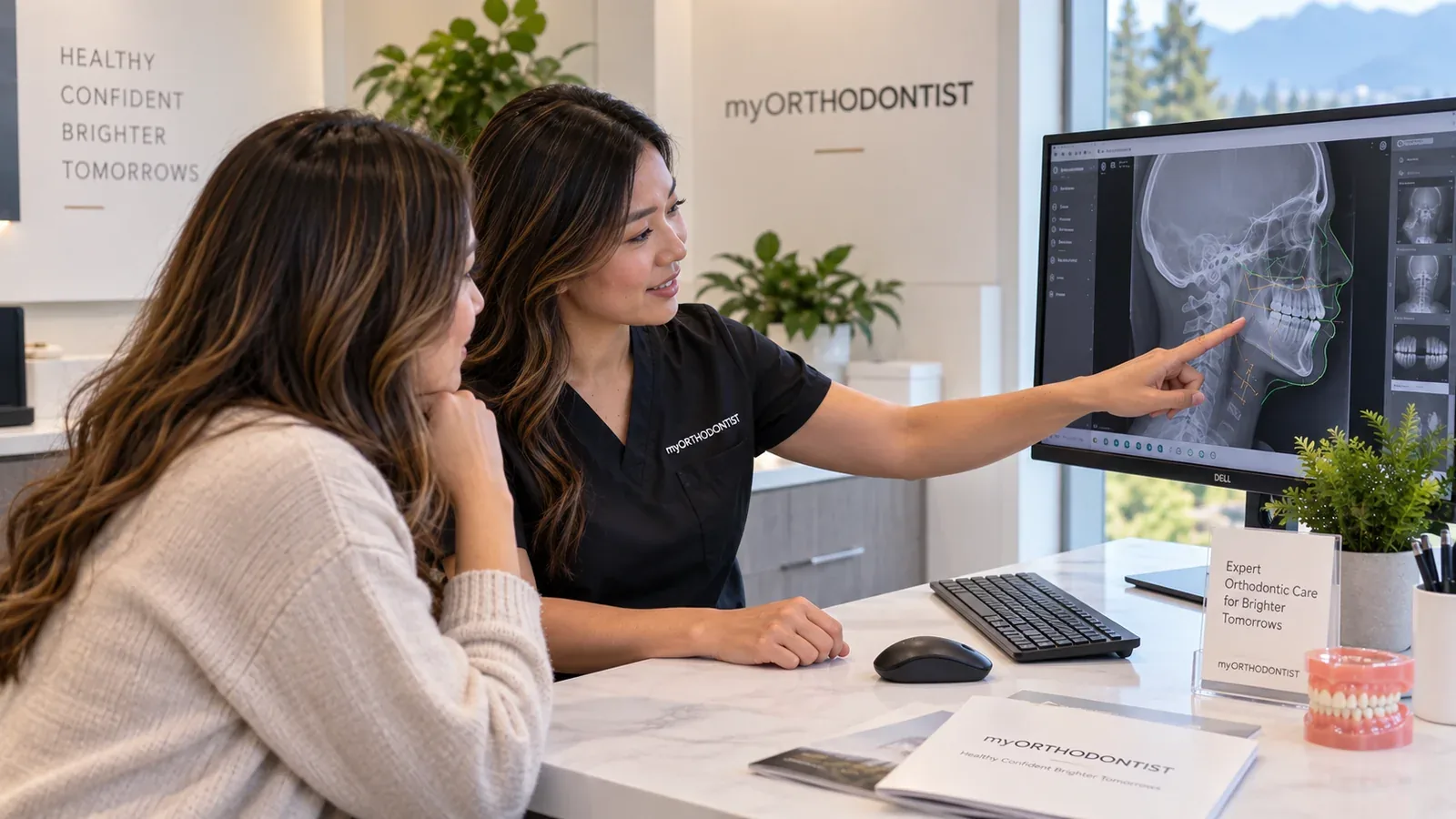myORTHODONTIST Coquitlam team member explaining a traced profile X-ray during an orthodontic consultation
