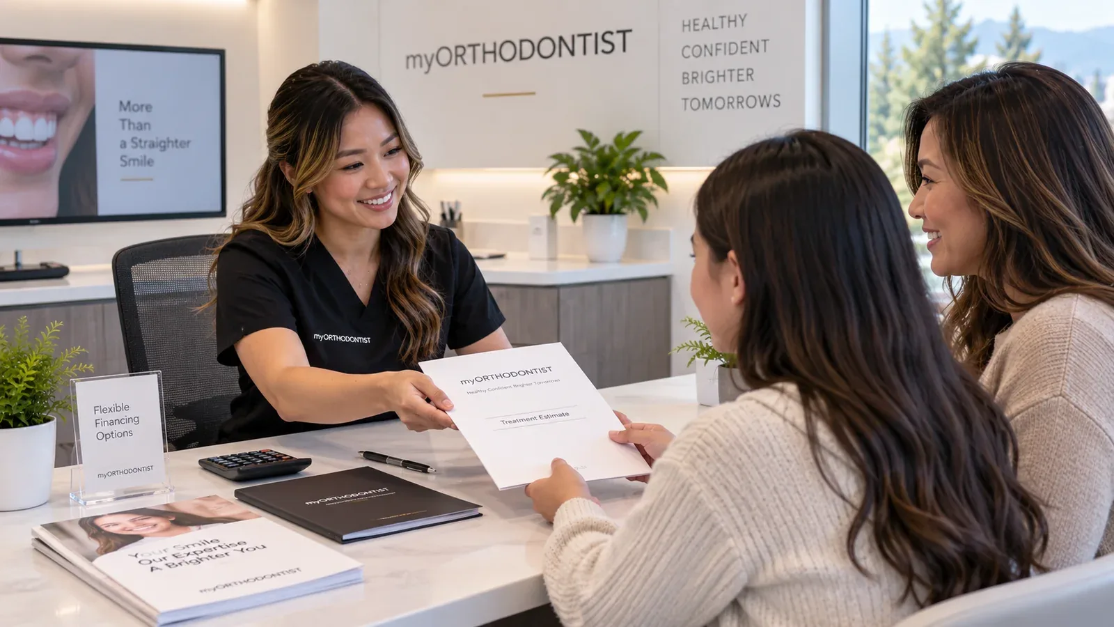 Treatment coordinator handing a written orthodontic treatment estimate to a mother and daughter at myORTHODONTIST Coquitlam