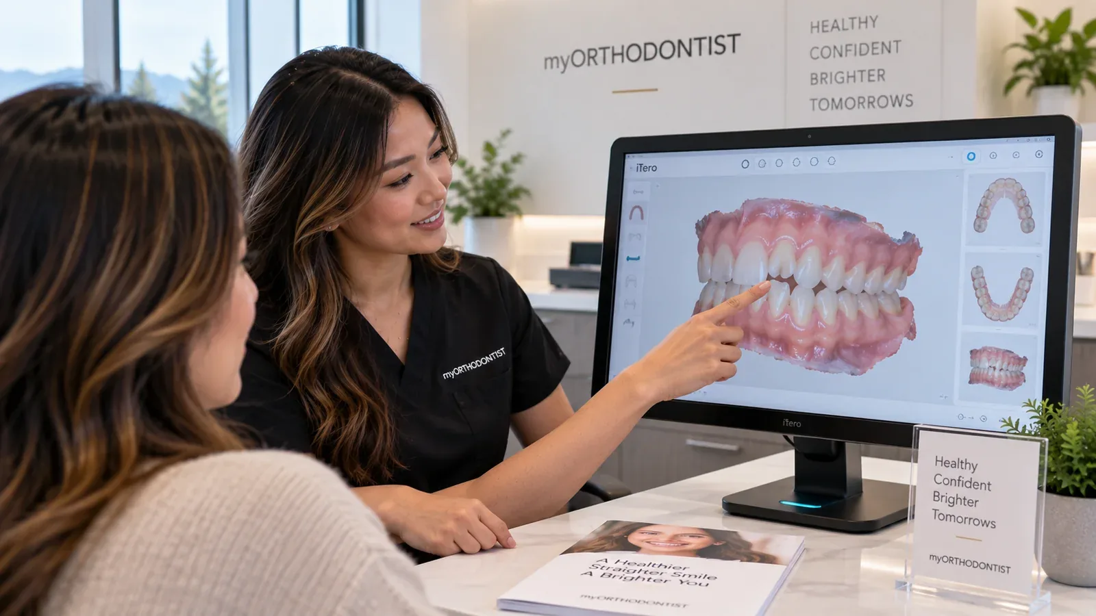 Digital iTero-style bite scan being reviewed on screen during an orthodontic consultation