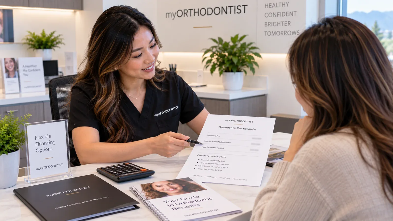 Treatment coordinator reviewing an orthodontic fee estimate, benefits booklet, calculator, and payment options with a patient