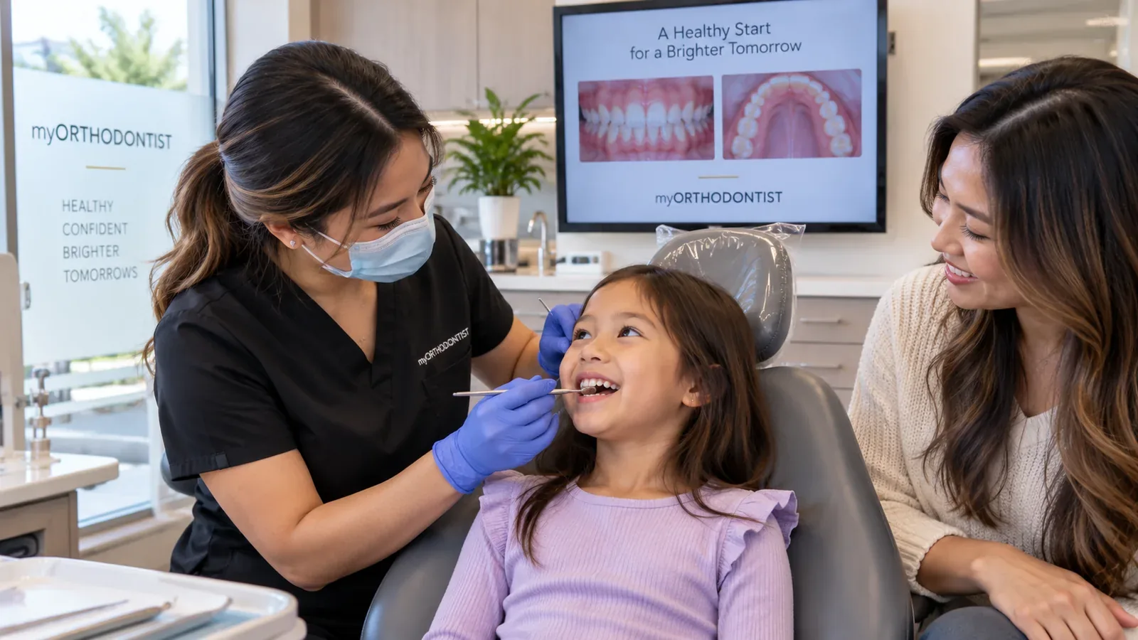 Young child having a gentle early orthodontic exam with a parent nearby at myORTHODONTIST Coquitlam