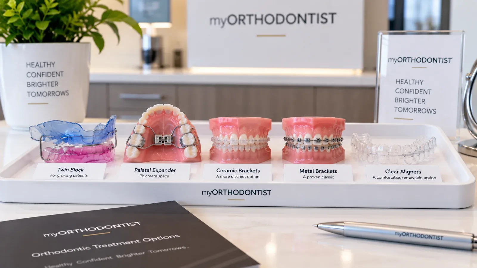 Orthodontic treatment options displayed side by side, including a twin block, palatal expander, ceramic braces, metal braces, and clear aligners