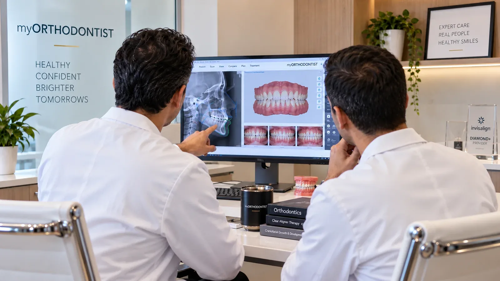 Two orthodontists in white clinical coats reviewing orthodontic records together on a monitor