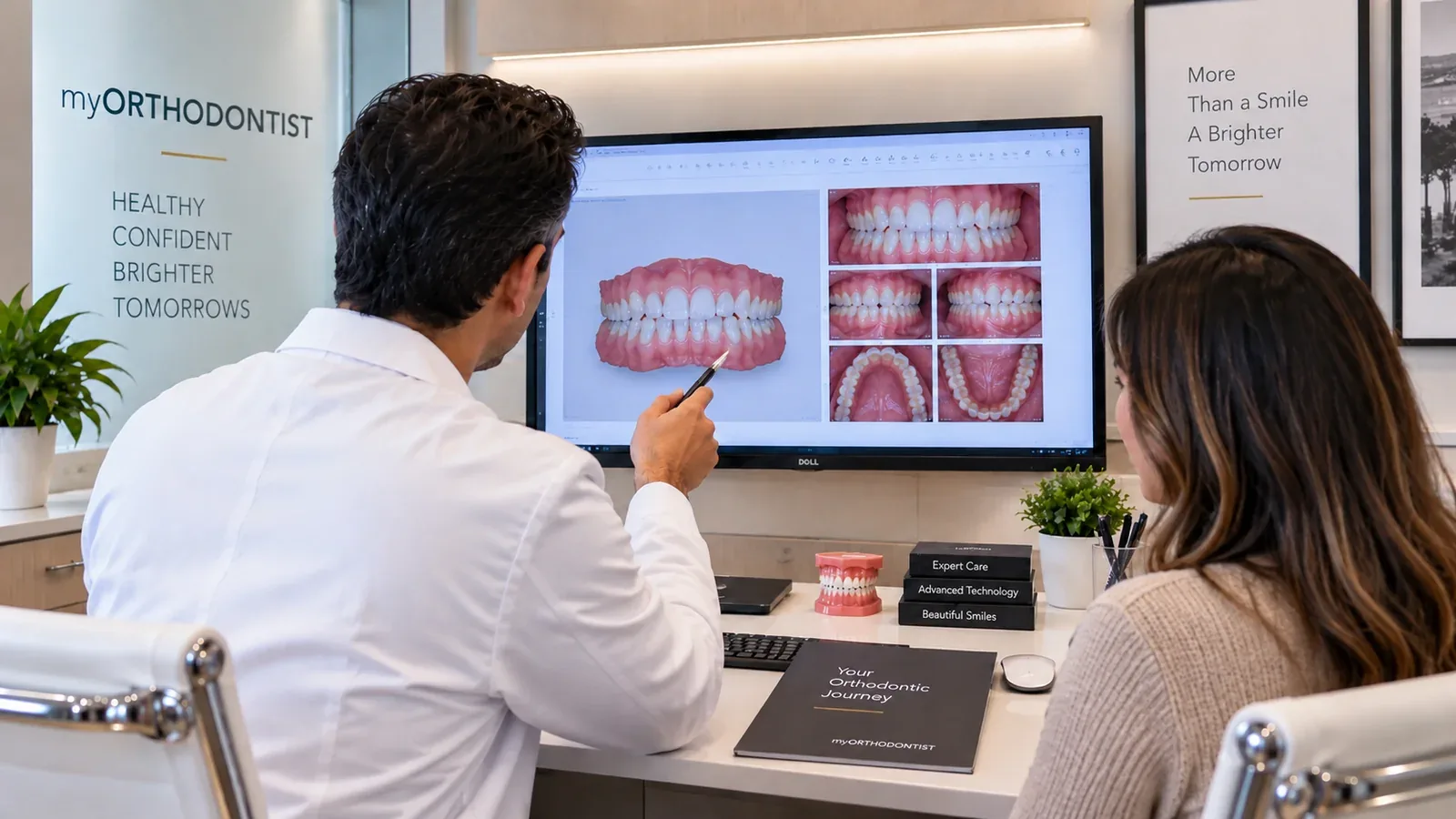 Orthodontist in a plain white clinical coat reviewing digital orthodontic records with a patient