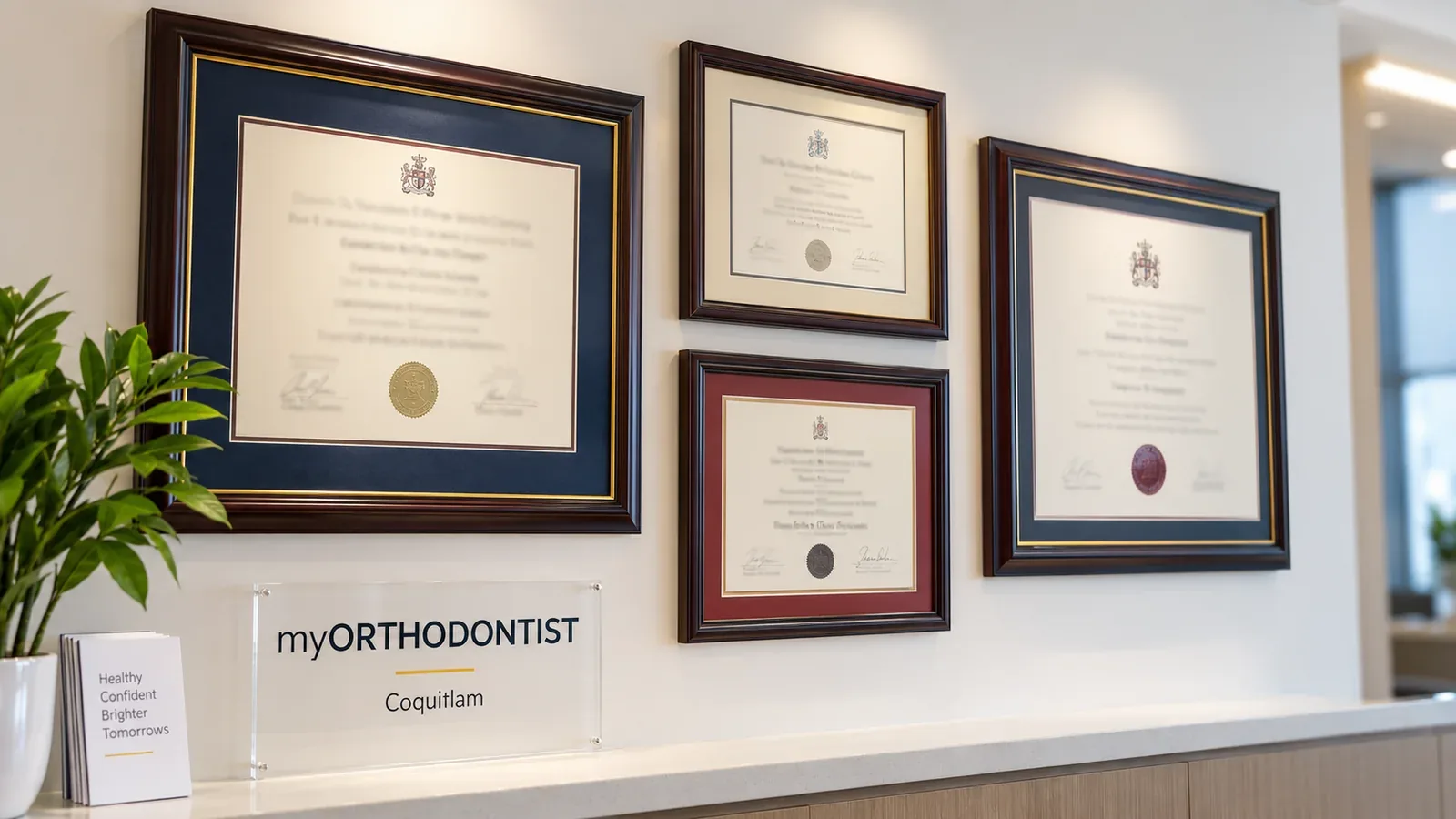 Framed orthodontic specialty credentials displayed on the wall at myORTHODONTIST Coquitlam