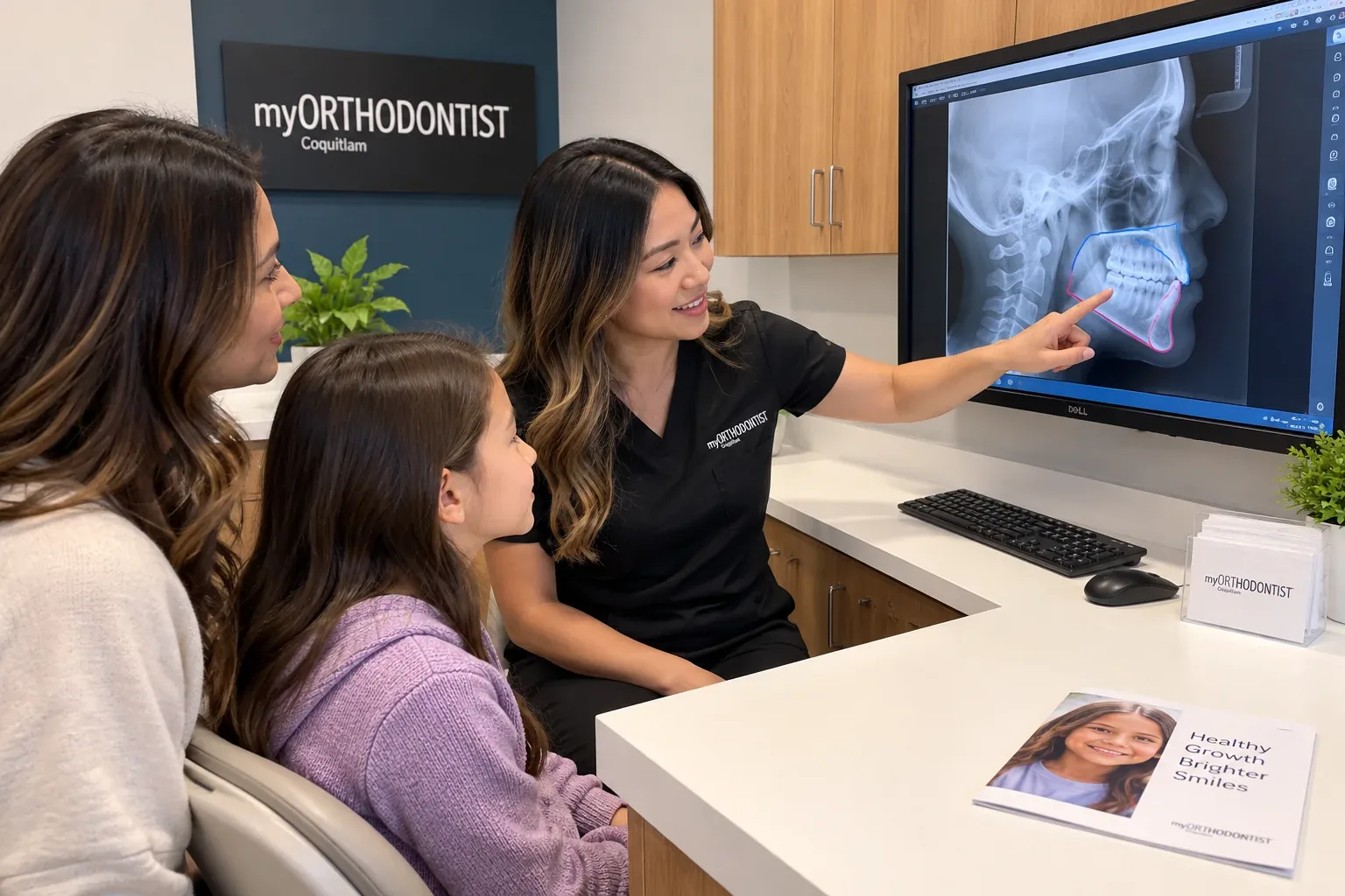 Female myORTHODONTIST team member showing a parent and child a profile X-ray with jaw growth tracings during an early orthodontic consultation in Coquitlam