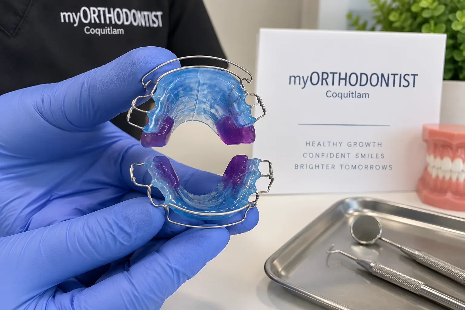 Close-up of a twin block orthodontic appliance with upper and lower plates held by gloved hands at myORTHODONTIST Coquitlam