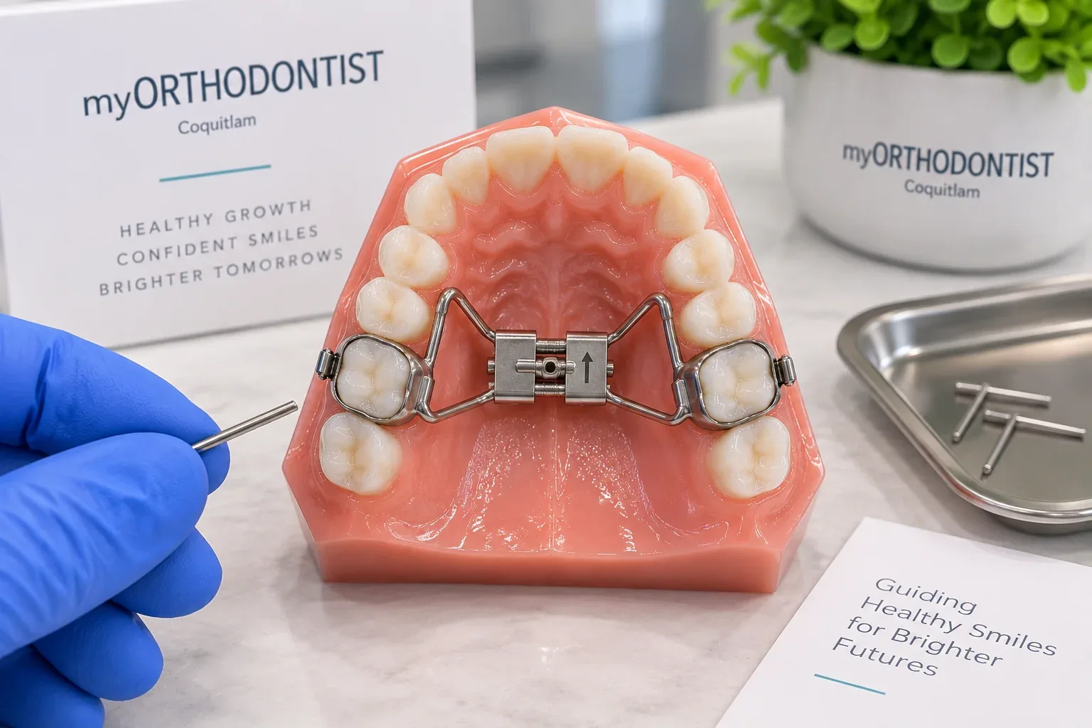 Palatal expander on an upper dental model with a straight activation key shown in a Coquitlam orthodontic clinic