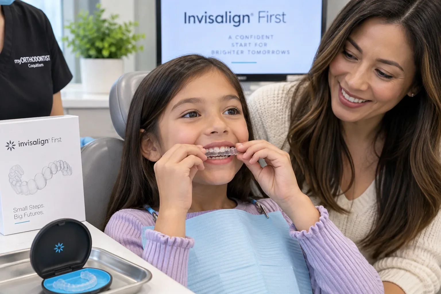 Young child seating a clear Invisalign First aligner tray with her mother nearby at myORTHODONTIST Coquitlam