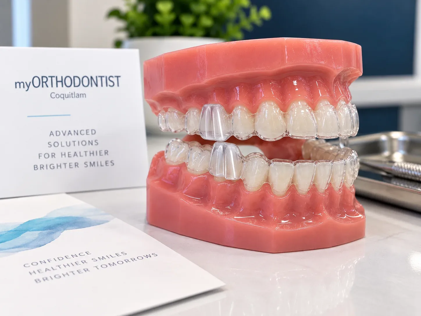 Clear aligners with mandibular advancement precision wings shown on a dental model at myORTHODONTIST Coquitlam