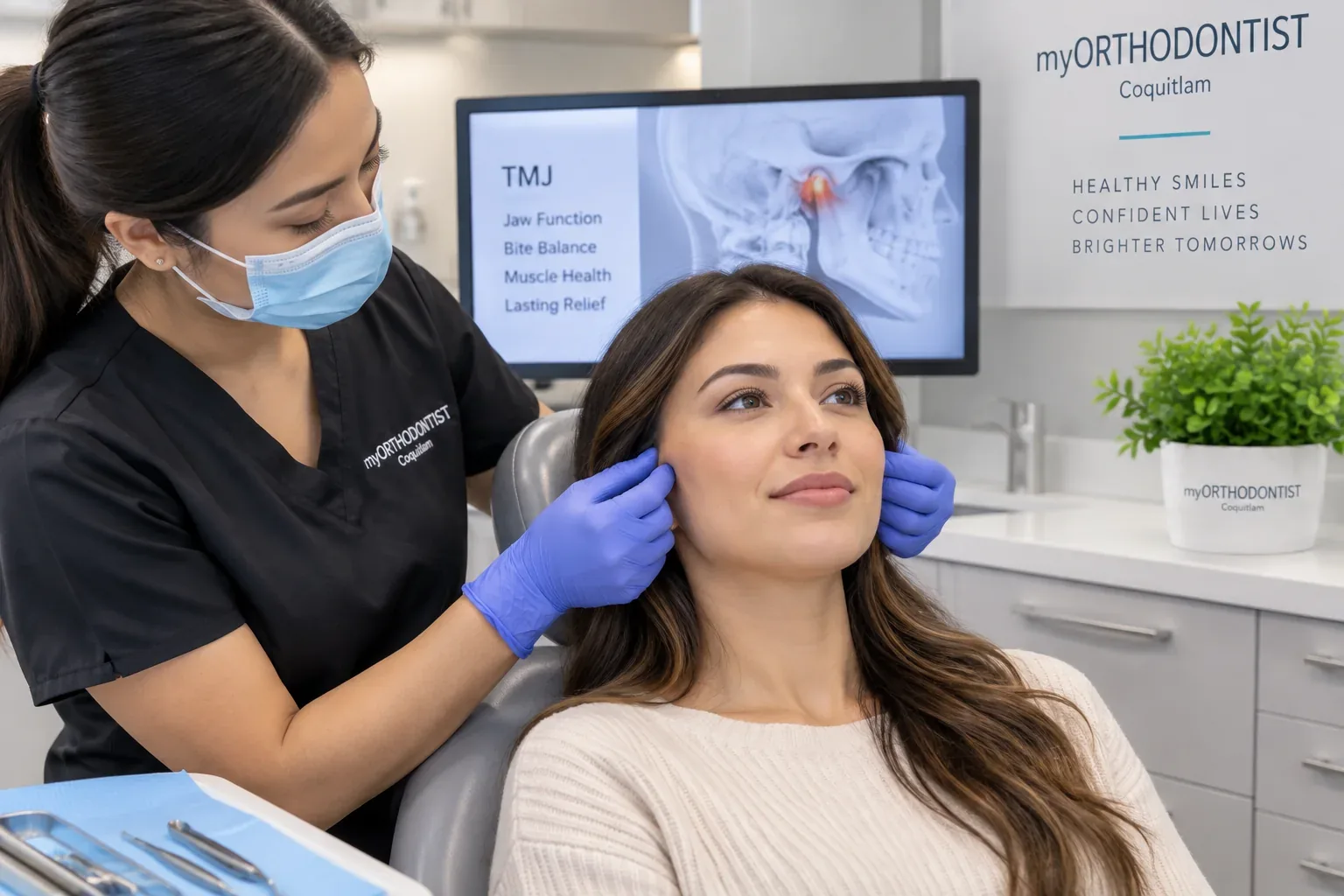Female clinician gently examining a patient’s jaw joints during a TMJ and bite assessment in a modern orthodontic clinic