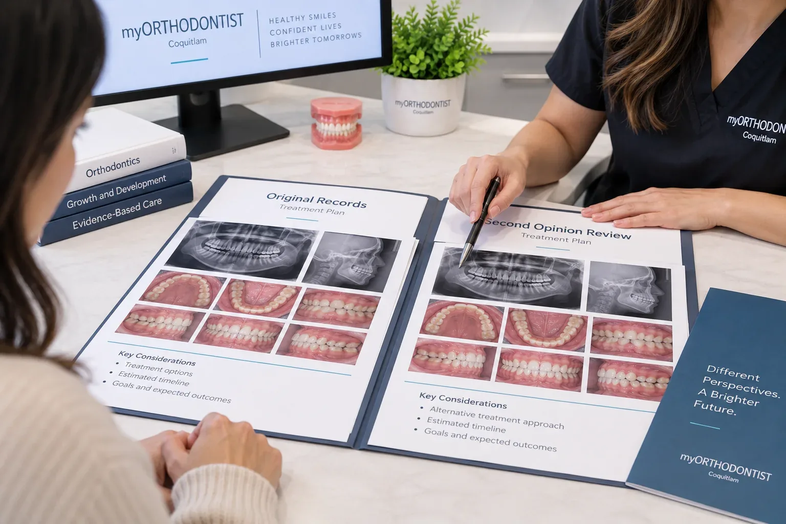 Two sets of orthodontic records compared side by side during a second opinion consultation at myORTHODONTIST Coquitlam
