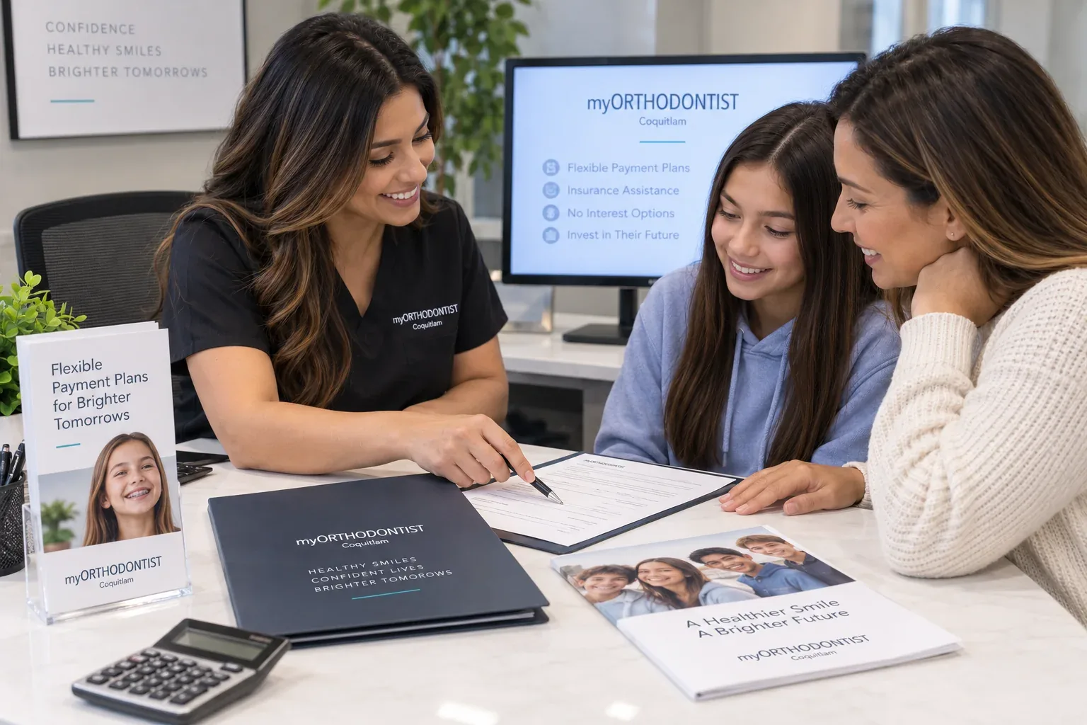 Treatment coordinator reviewing signed payment plan paperwork with a parent and teen during an orthodontic financing consultation
