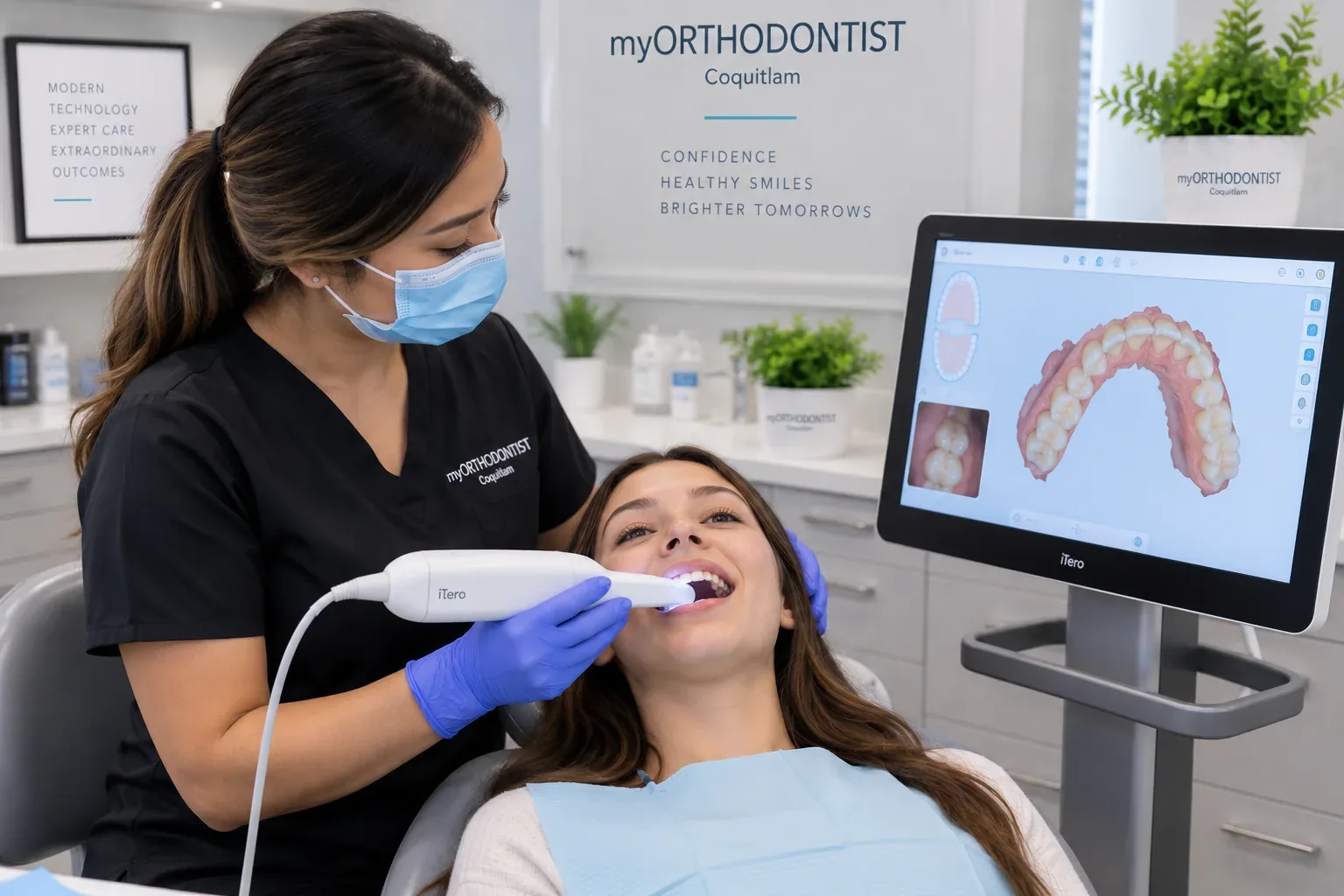 Female clinical assistant using an iTero intraoral scanner while a live 3D dental model appears on screen at myORTHODONTIST Coquitlam